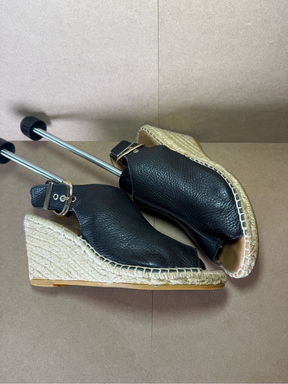 Maypol Black Leather Peep Toe Slingback Espadrille Sandals 3" Size US 7.5/8 - Picture 4 of 9